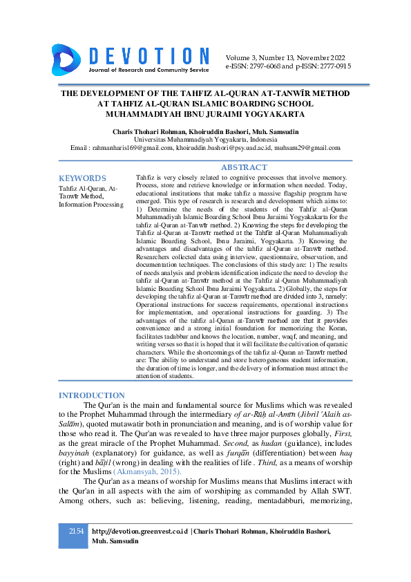(PDF) The Development of The Tahfiz Al-Quran At-Tanwīr. Method at ...