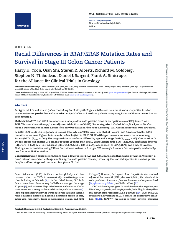 (PDF) Racial Differences in BRAF/KRAS Mutation Rates and Survival in Stage III Colon Cancer