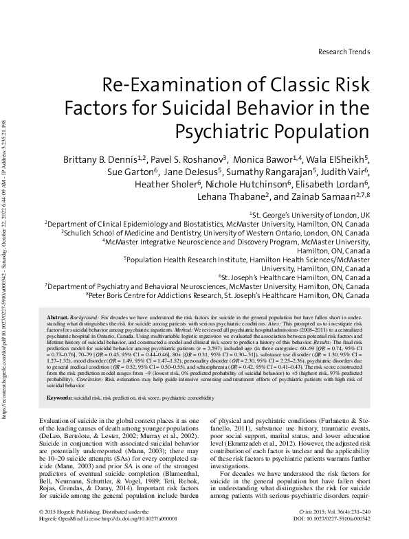 (PDF) Re-Examination of Classic Risk Factors for Suicidal Behavior in ...