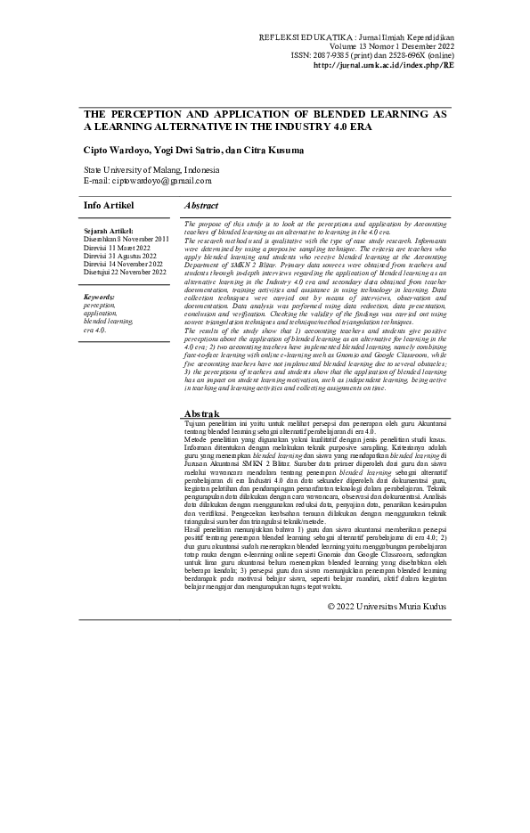 (PDF) The Perception and Application of Blended Learning as a Learning ...