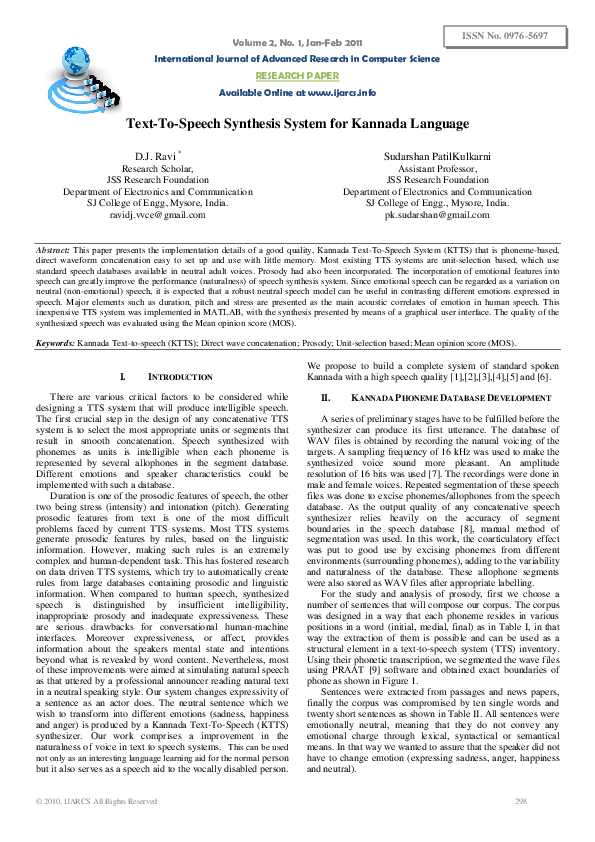 (PDF) TextToSpeech Synthesis System for Kannada Language Sudarshan