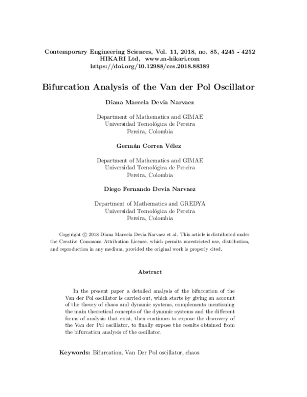 (PDF) Bifurcation analysis of the Van der Pol oscillator