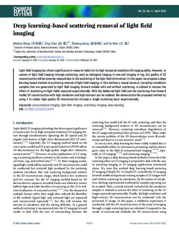 (PDF) Deep learning-based scattering removal of light field imaging