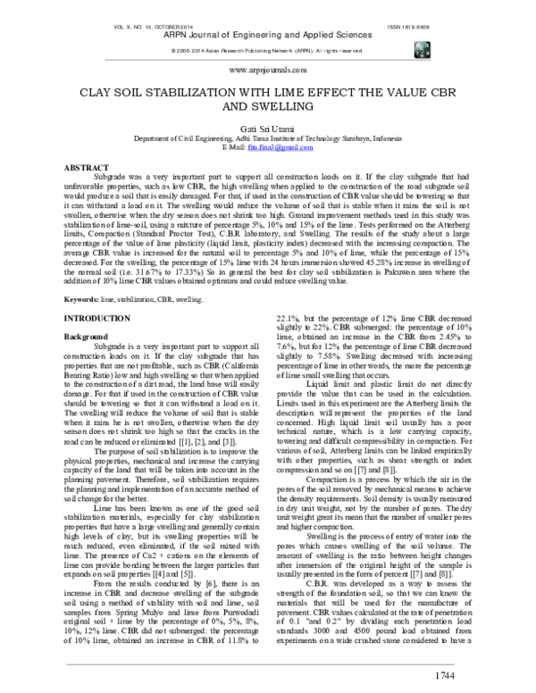 (PDF) Clay Soil Stabilization with Lime Effect the Value CBR and Swelling