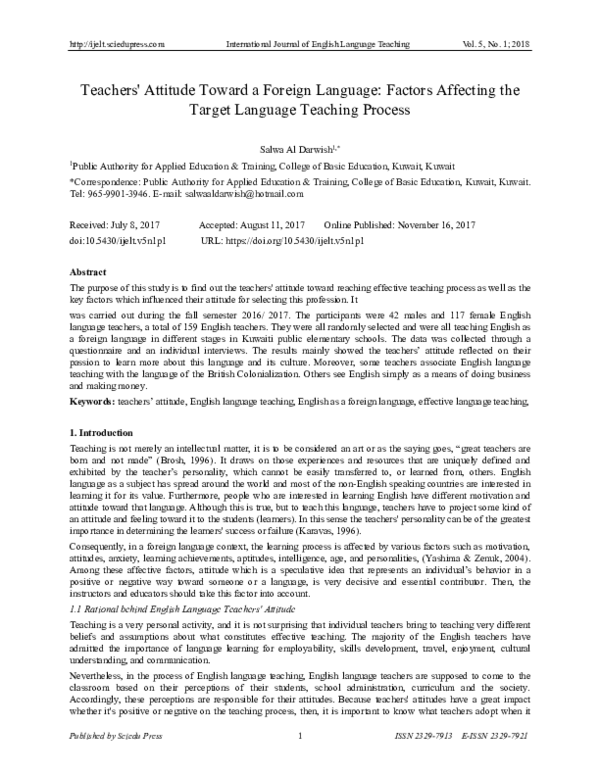 Pdf Teachers Attitude Toward A Foreign Language Factors Affecting Pdf Teachers Attitude Toward A Foreign Language Factors Affecting
