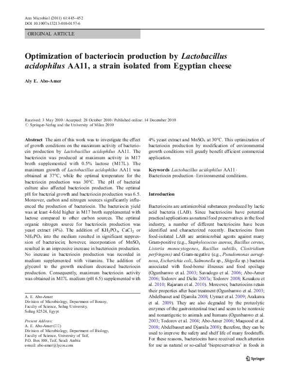 (PDF) Optimization of bacteriocin production by Lactobacillus ...