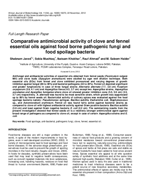 (PDF) Comparative antimicrobial activity of clove and fennel essential ...
