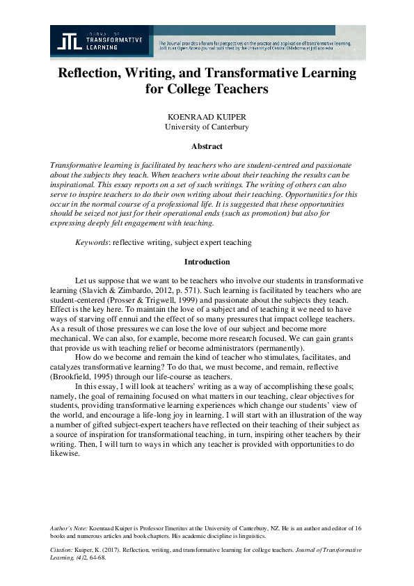 (PDF) Reflection, Writing, and Transformative Learning for College Teachers