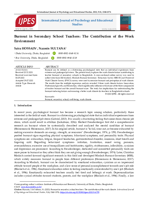 (PDF) Burnout in Secondary School Teachers: The Contribution of the ...