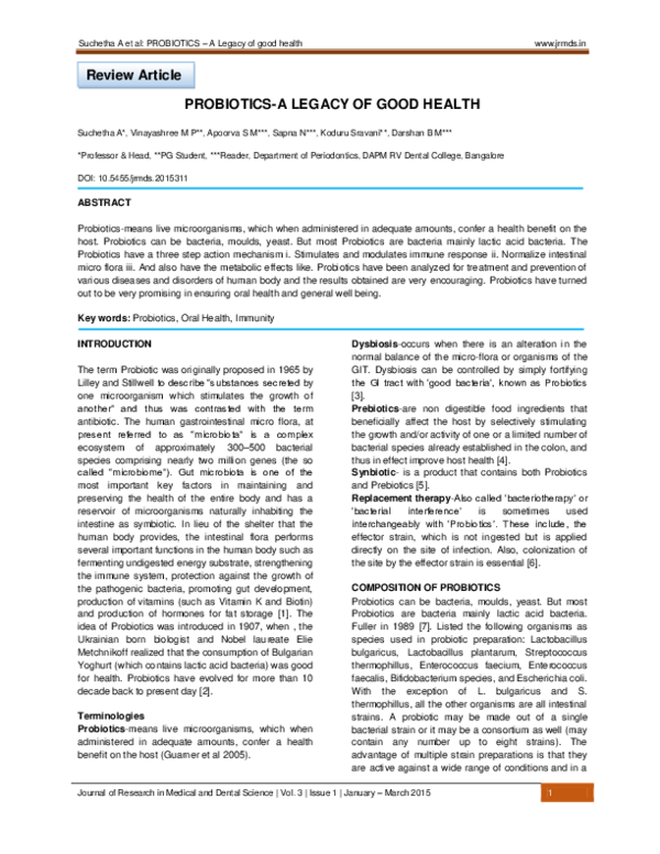(PDF) Probiotics-A Legacy of Good Health