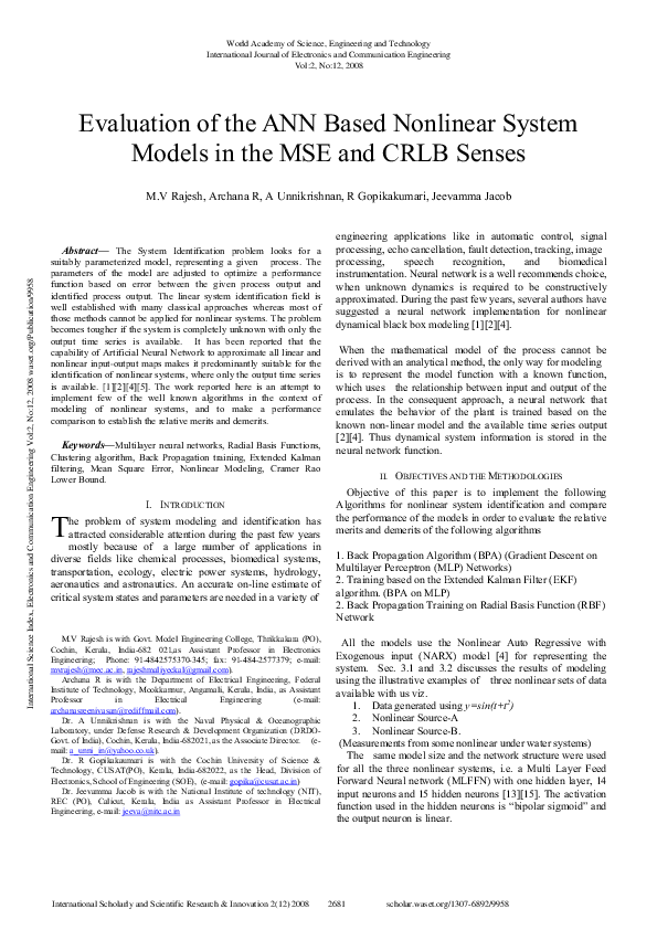 (PDF) Evaluation Of The Ann Based Nonlinear System Models In The Mse ...