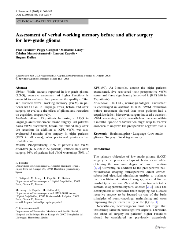 (PDF) Assessment of verbal working memory before and after surgery for ...