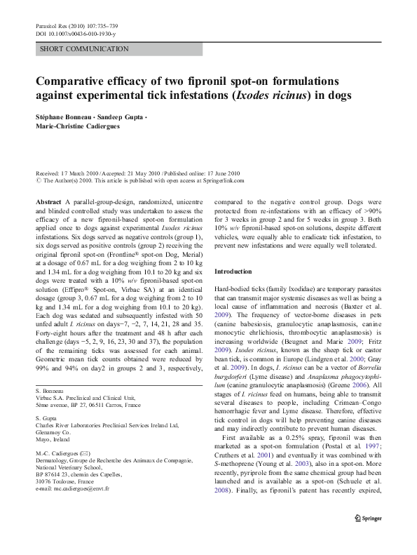 (PDF) Comparative efficacy of two fipronil spot-on formulations against ...