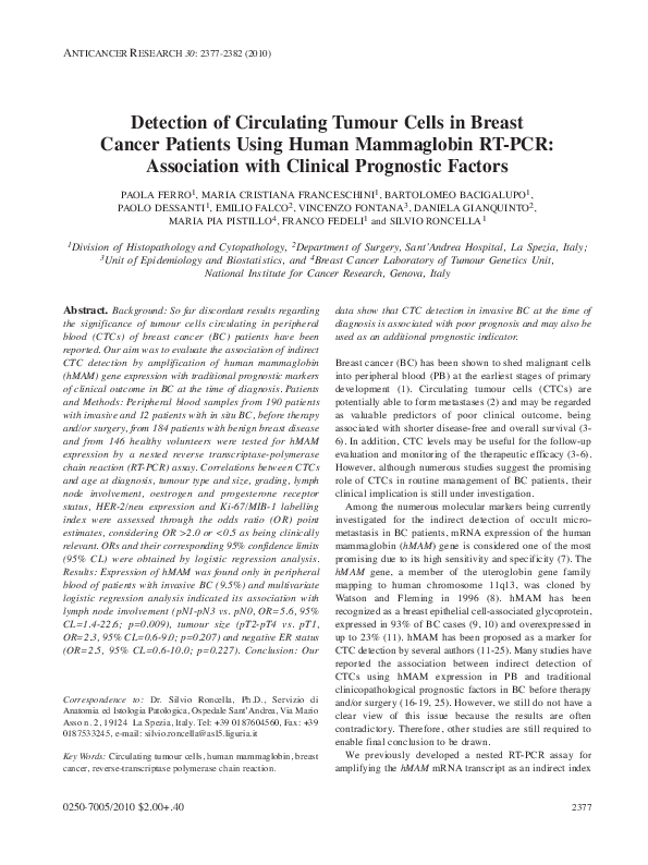 (PDF) Detection of circulating tumour cells in breast cancer patients ...