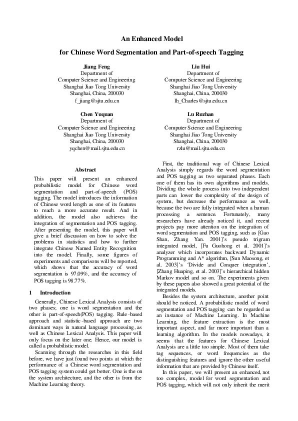 (PDF) An Enhanced Model for Chinese Word Segmentation and Part-of ...