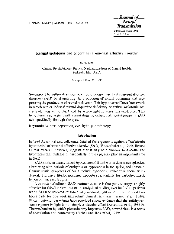 (PDF) Retinal melatonin and dopamine in seasonal affective disorder