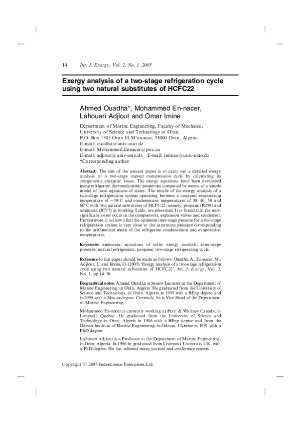 (PDF) Exergy analysis of a two-stage refrigeration cycle using two ...