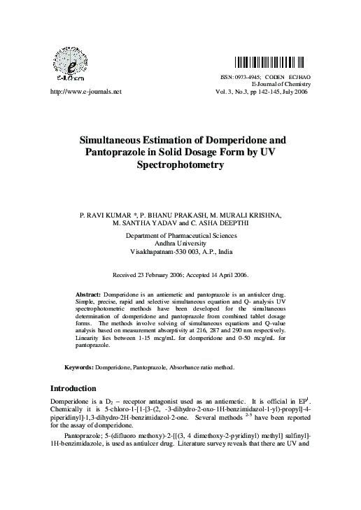 (PDF) Simultaneous Estimation of Domperidone and Pantoprazole in Solid ...