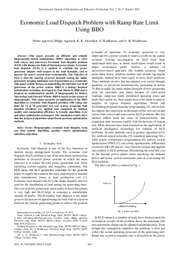 (PDF) Economic Load Dispatch Problem with Ramp Rate Limit Using BBO