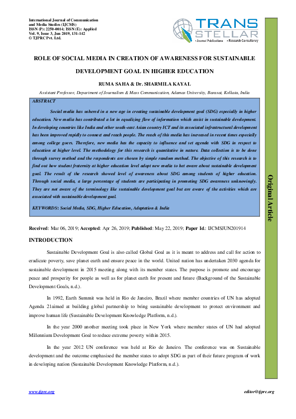 (PDF) Role of Social Media in Creation of Awareness for Sustainable ...