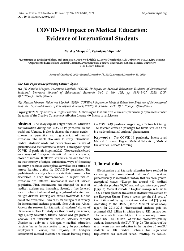 (PDF) COVID-19 Impact on Medical Education: Evidence of International ...