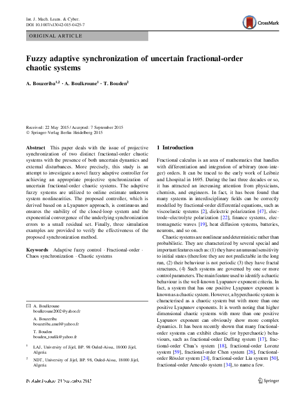 (PDF) Fuzzy adaptive synchronization of uncertain fractional-order ...