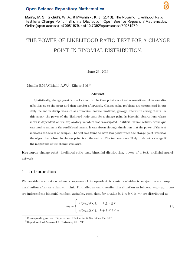 (PDF) The Power of Likelihood Ratio Test for a Change Point in Binomial ...