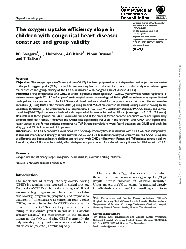 (PDF) The oxygen uptake efficiency slope in children with congenital ...