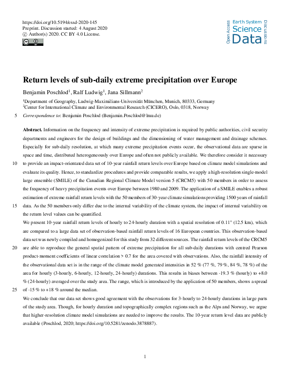 (PDF) Return levels of sub-daily extreme precipitation over Europe