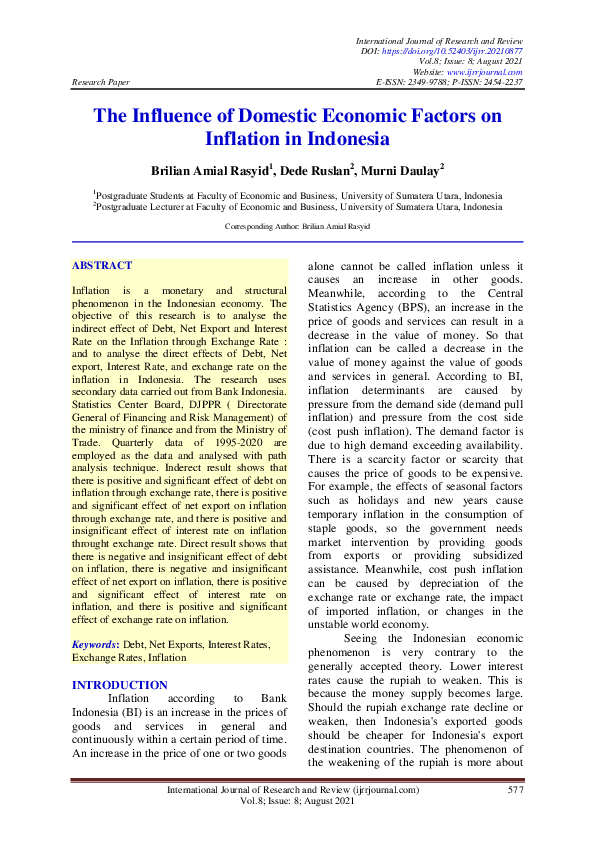 (PDF) The Influence of Domestic Economic Factors on Inflation in Indonesia