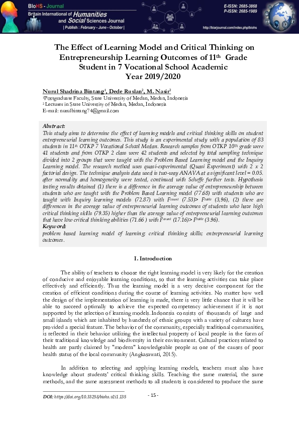 (PDF) The Effect of Learning Model and Critical Thinking on ...