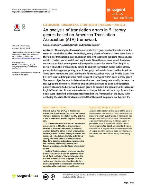 (PDF) An analysis of translation errors in 5 literary genres based on ...