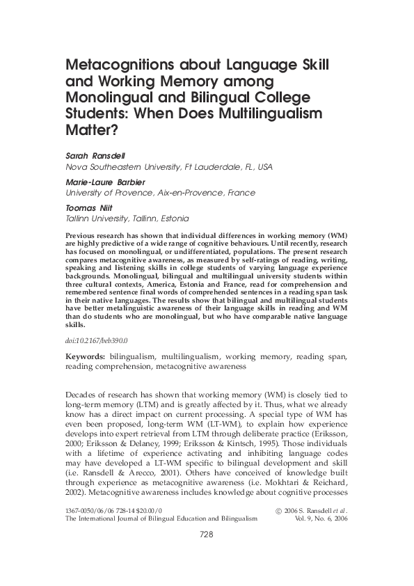 (PDF) Metacognitions about Language Skill and Working Memory among ...