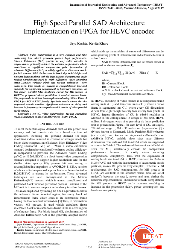 (PDF) High Speed Parallel SAD Architecture Implementation on FPGA for ...