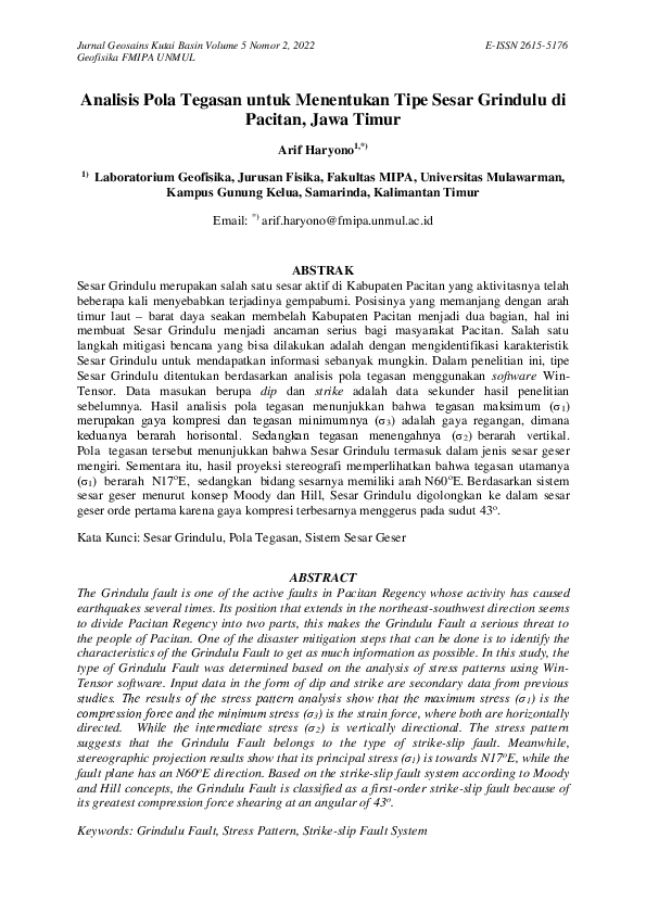 (PDF) Analisis Pola Tegasan untuk Menentukan Tipe Sesar Grindulu di ...