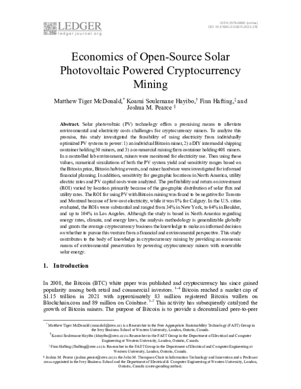 Economics of Open-Source Solar Photovoltaic Powered Cryptocurrency Mining