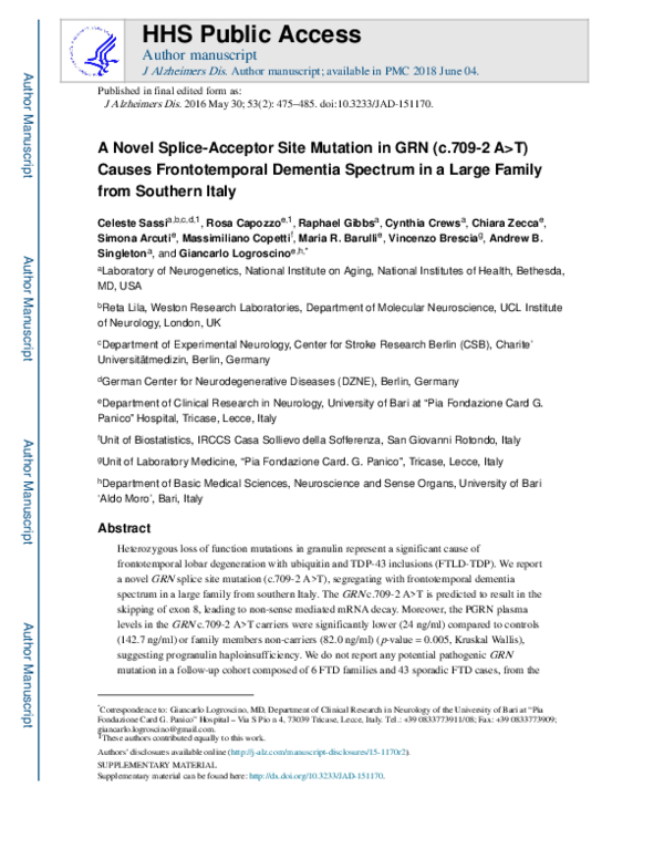 (PDF) A Novel Splice-Acceptor Site Mutation in GRN (c.709-2 A>T) Causes ...