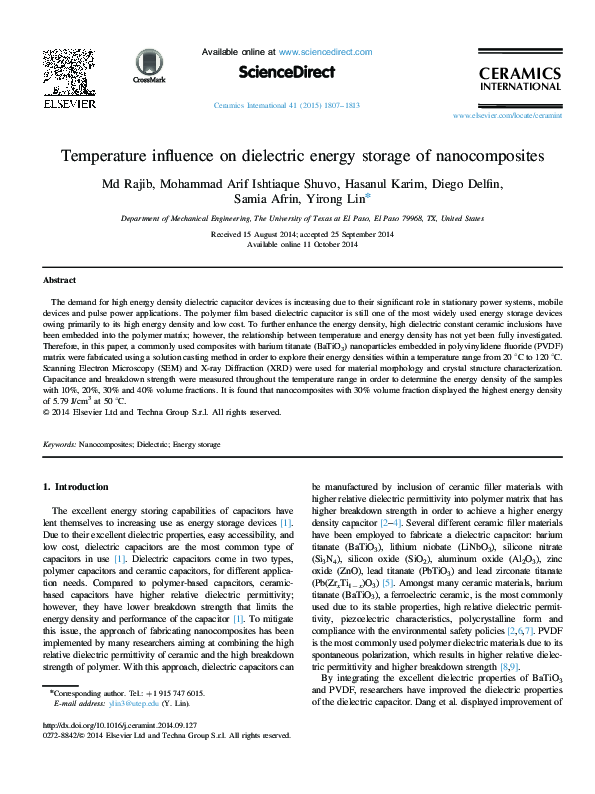(PDF) Temperature influence on dielectric energy storage of nanocomposites