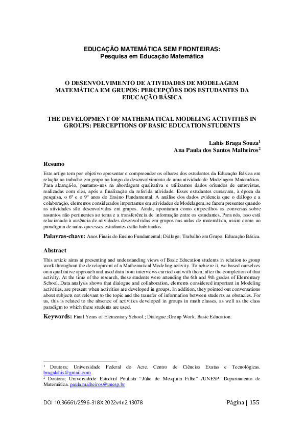 O Desenvolvimento De Atividades De Modelagem Matemática Em Grupos