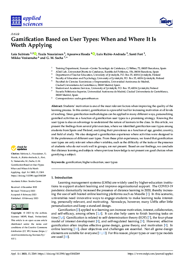 (PDF) Gamification Based on User Types: When and Where It Is Worth Applying