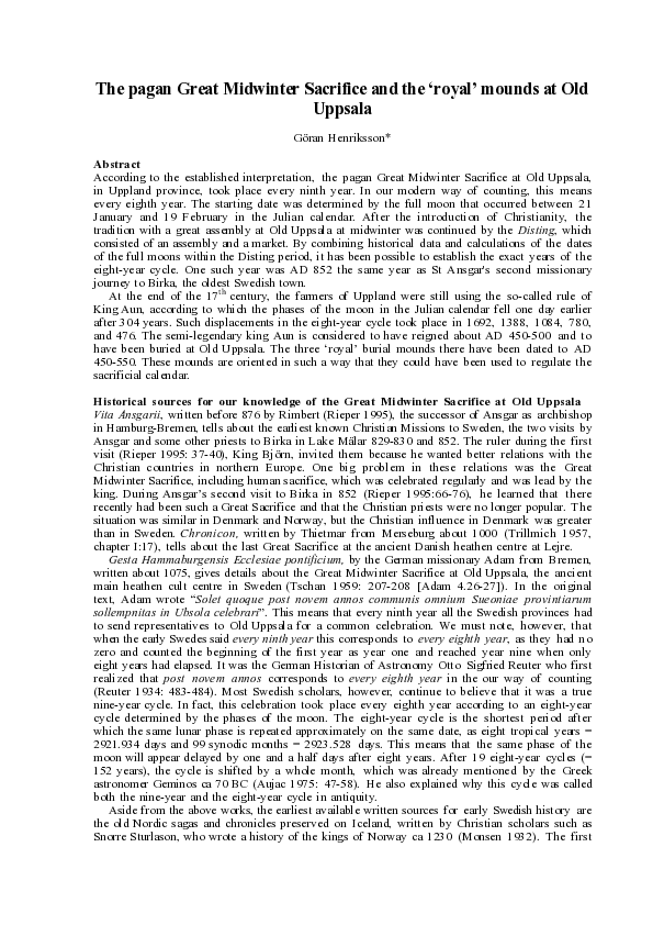 The pagan Great Midwinter Sacrifice and the 'royal'mounds at Old Uppsala