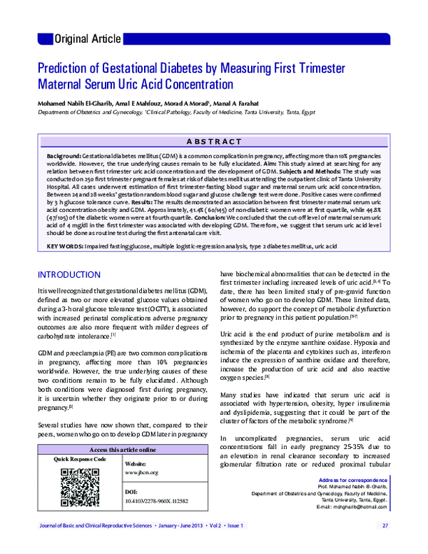 (PDF) Prediction of gestational diabetes by measuring first trimester ...