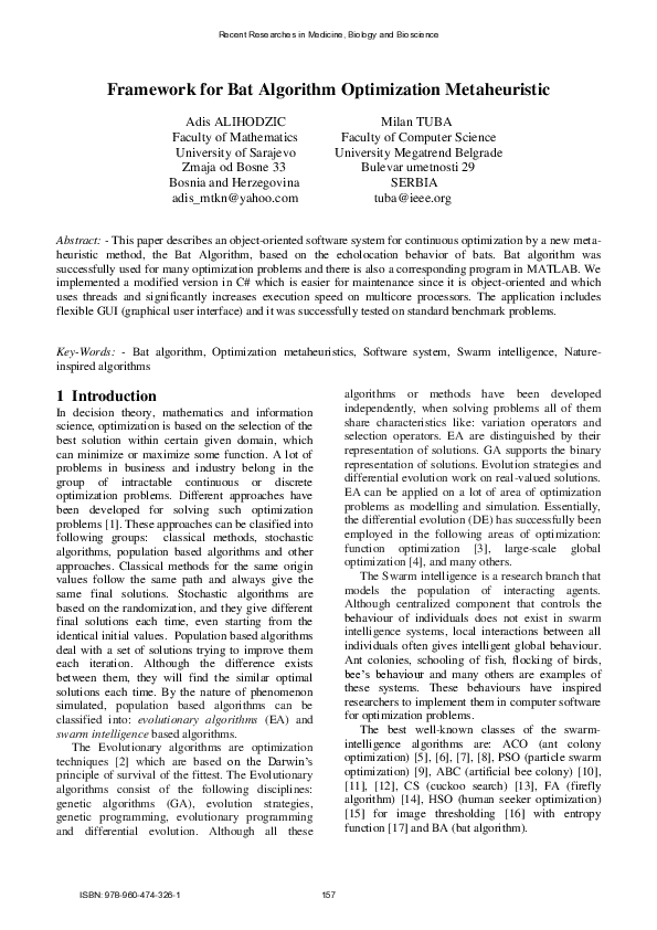 (PDF) Framework for Bat Algorithm Optimization Metaheuristic