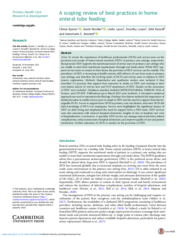 (PDF) A scoping review of best practices in home enteral tube feeding