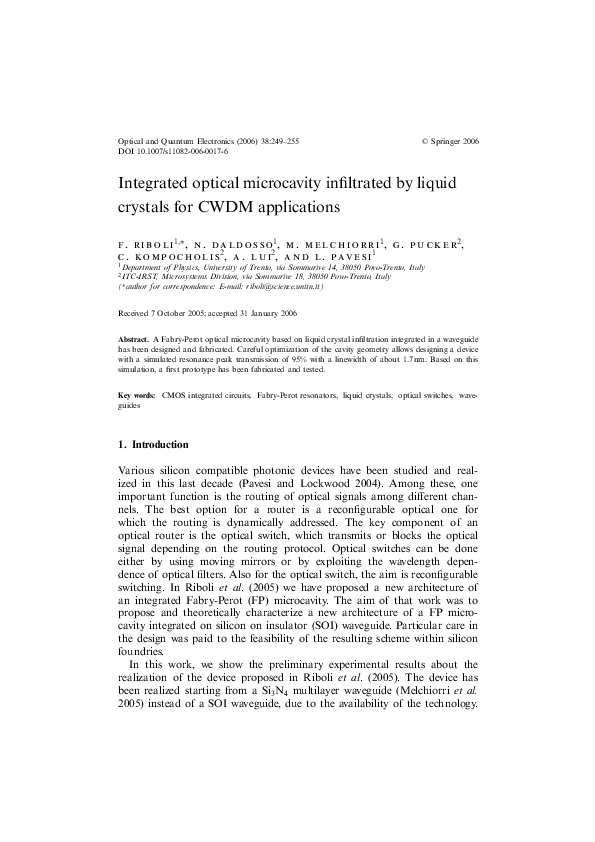 (PDF) Integrated Optical Microcavity Infiltrated by Liquid Crystals for ...