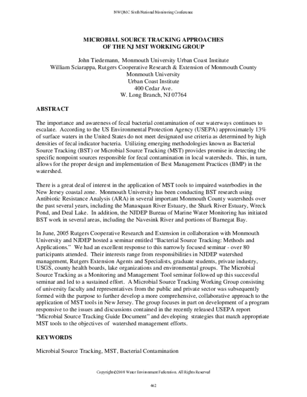 (PDF) Microbial Source Tracking Approaches of the NJ MST Working Group