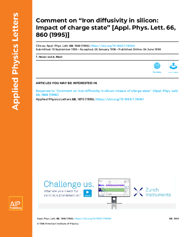 (PDF) Comment on ‘‘Iron diffusivity in silicon: Impact of charge state ...