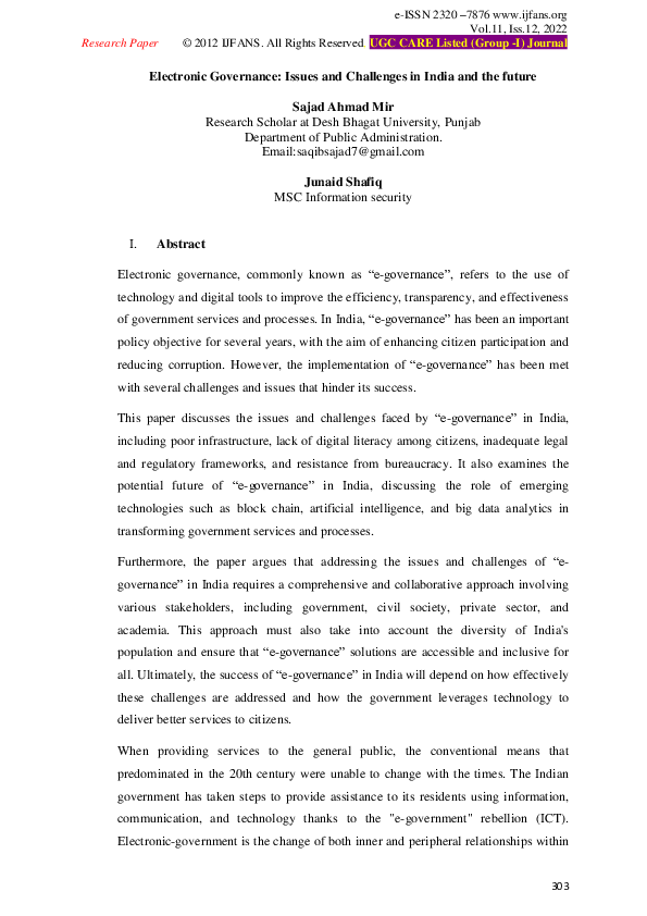 (PDF) Electronic Governance: Issues and Challenges in India and the future