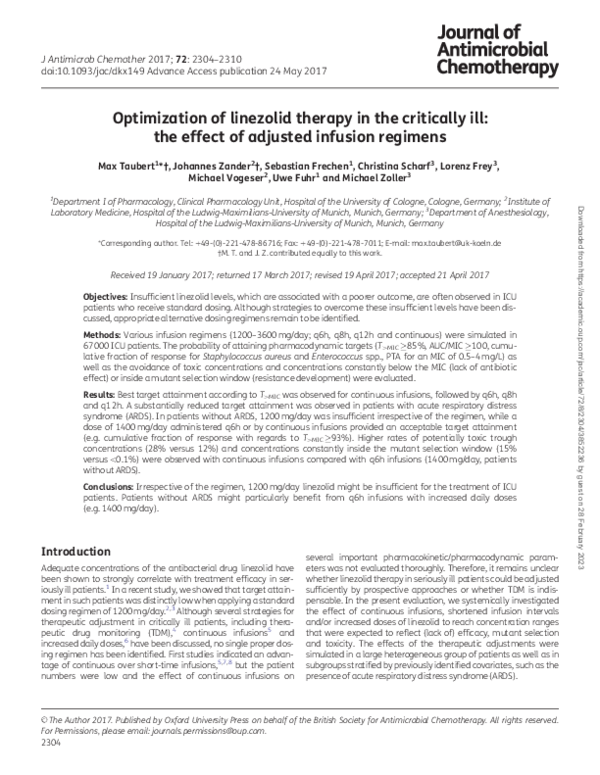 (PDF) Optimization of linezolid therapy in the critically ill: the ...