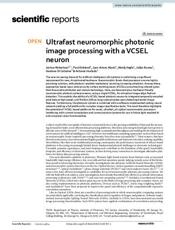 (PDF) Ultrafast neuromorphic photonic image processing with a VCSEL neuron